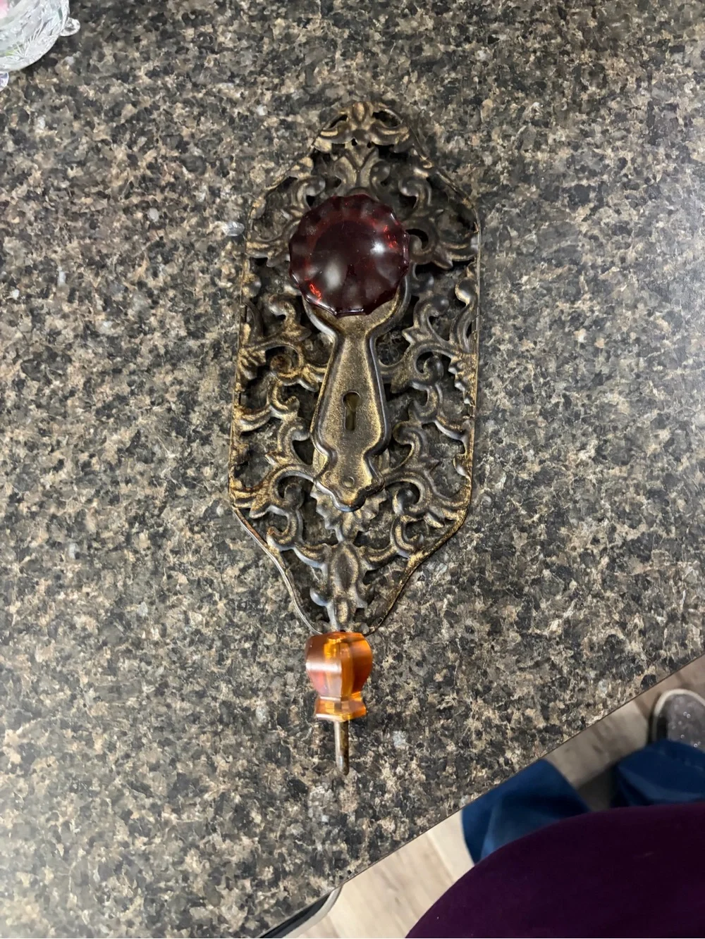 Antique-Style Ornate Metal Wall Hook with Amber and Ruby Accents